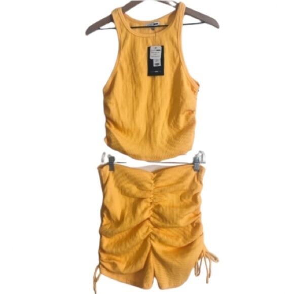 NWT Fashion Nova Know It By Heart Short Tank Yellow Ribbed Ruched Two Piece Set - Picture 1 of 8